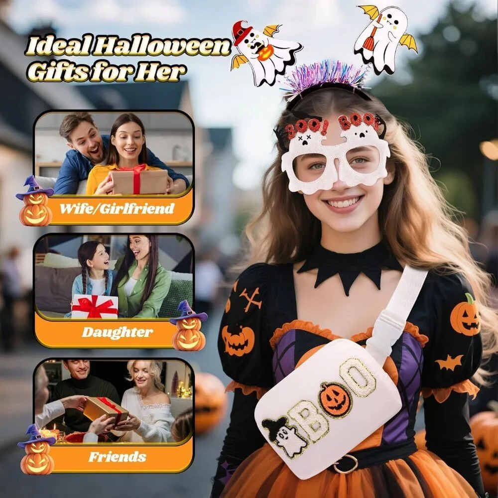 Halloween Belt Bag Set with Ghost Glasses Headband Womens Girls Costume Accessor